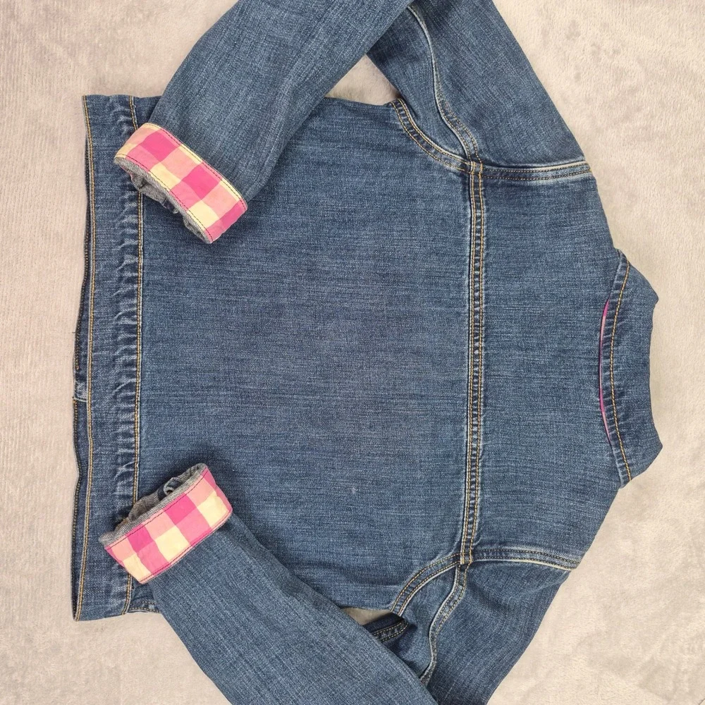 Hanna Andersson Girls Denim Jacket Blue Pink Gingham 160 XL 14 / 16 Youth Kids